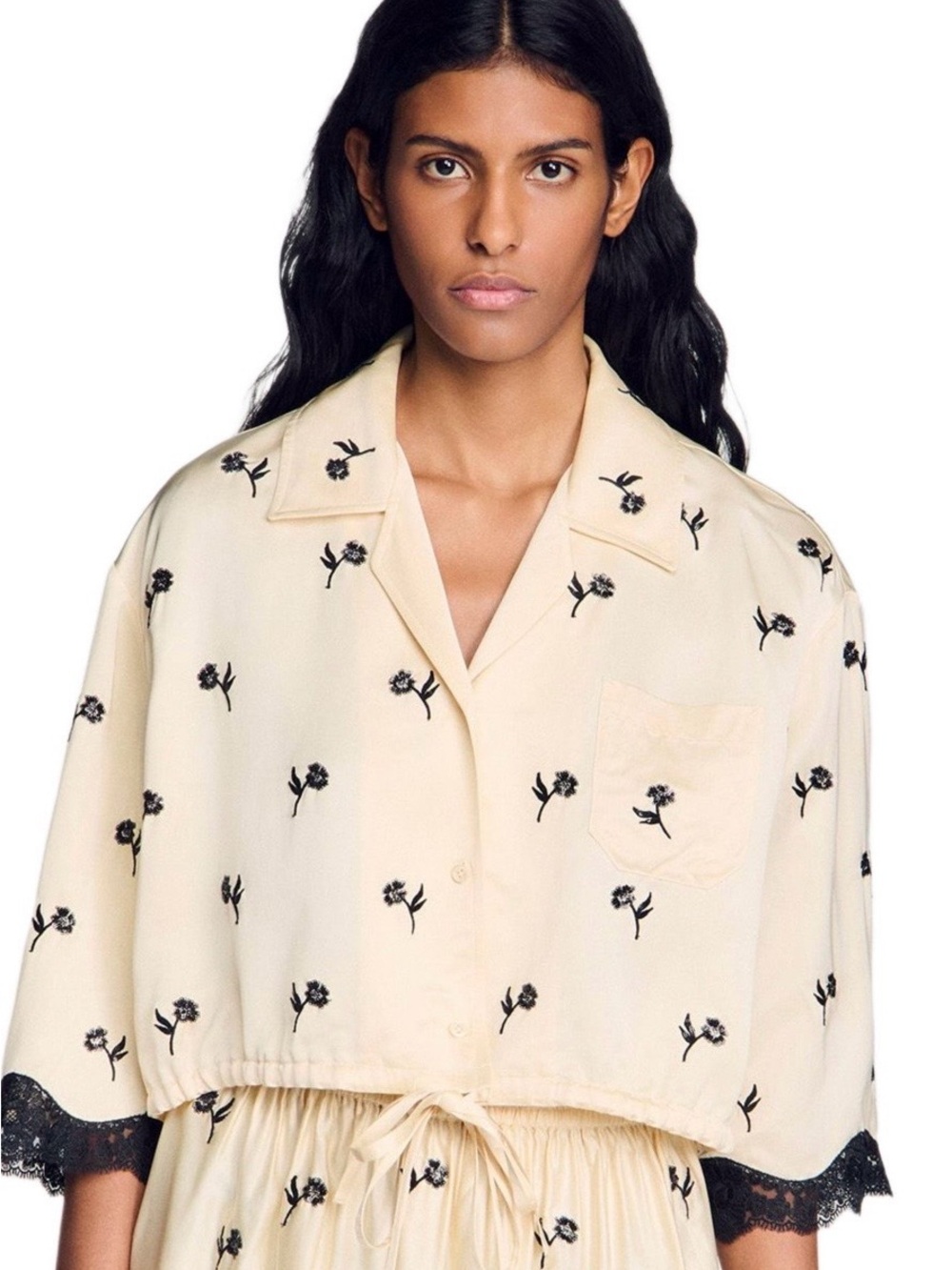Sandro Cream Floral Button-Front Blouse with Black Embroidered Flowers